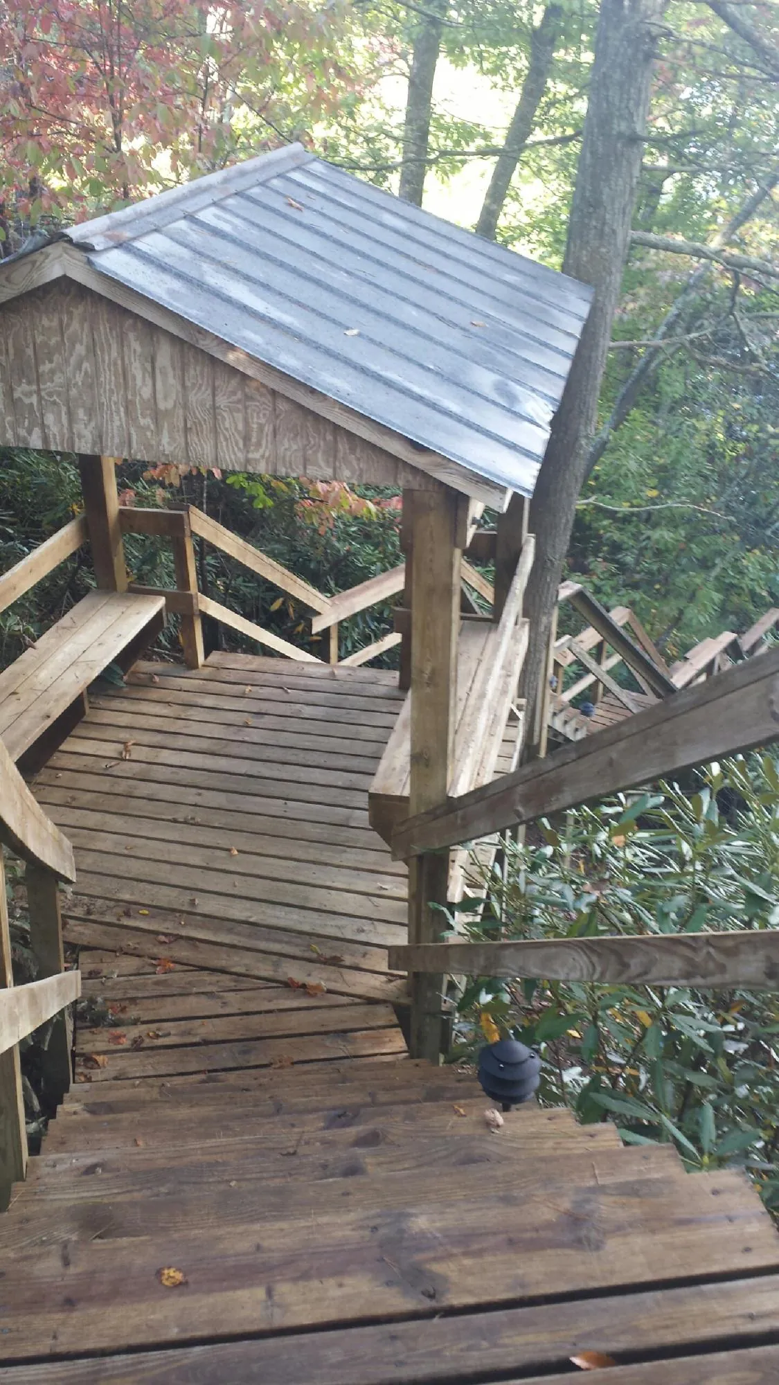Metal roofed shelter over wooden steps on a wooded walkway — Skylight Repair & Installation work by our crew in Sumiton
